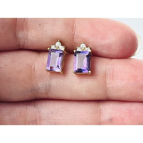 925 Silver FAS Earrings Genuine Amethyst Crown Rhinestone Stud Posts Tara Vaness - Picture 16 of 16